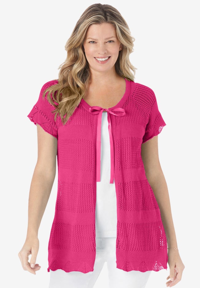 Tie-Neck Pointelle Cardigan Sweater image number 0