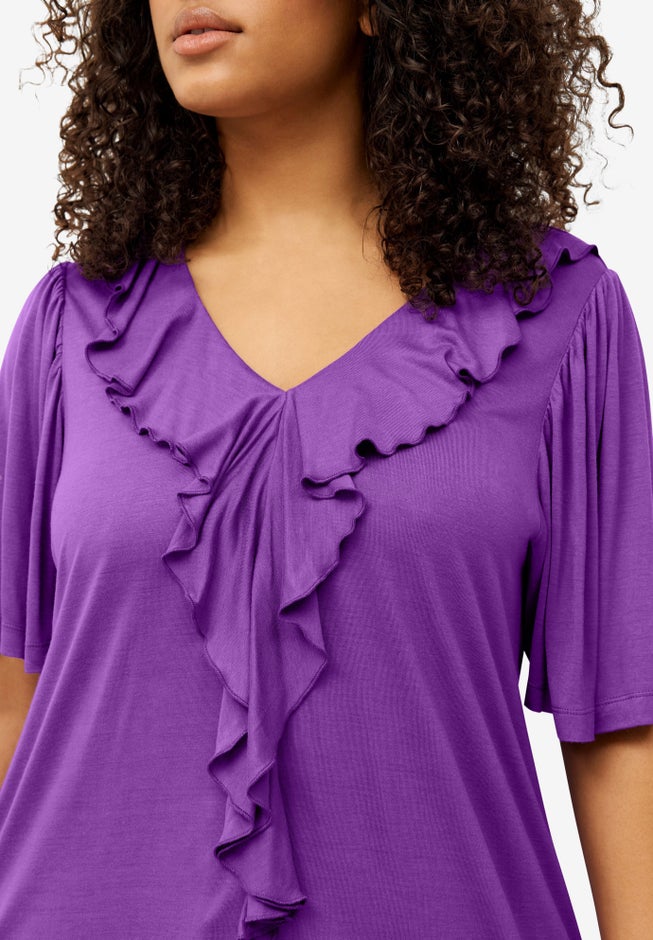 Stretch Jersey Knit V-Neck Ruffle Front Elbow-Length Sleeve Tunic image number 2