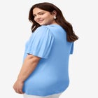 Stretch Jersey Knit V-Neck Ruffle Front Elbow-Length Sleeve Tunic image number 1