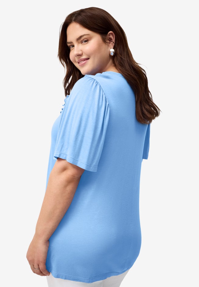 Stretch Jersey Knit V-Neck Ruffle Front Elbow-Length Sleeve Tunic image number 1