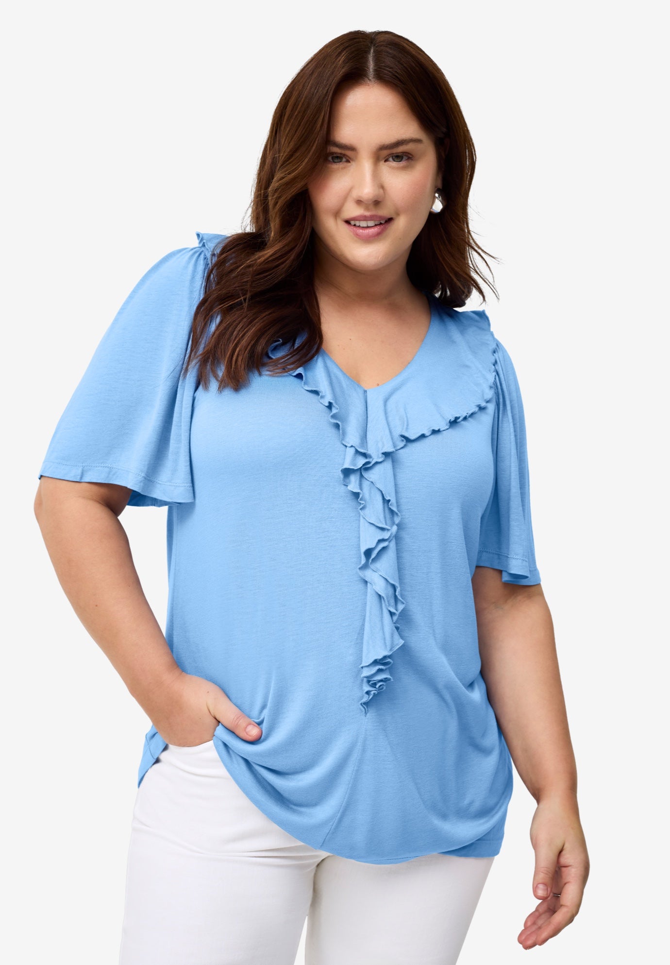 Stretch Jersey Knit V-Neck Ruffle Front Elbow-Length Sleeve Tunic image number 0