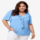Stretch Jersey Knit V-Neck Ruffle Front Elbow-Length Sleeve Tunic image number 0