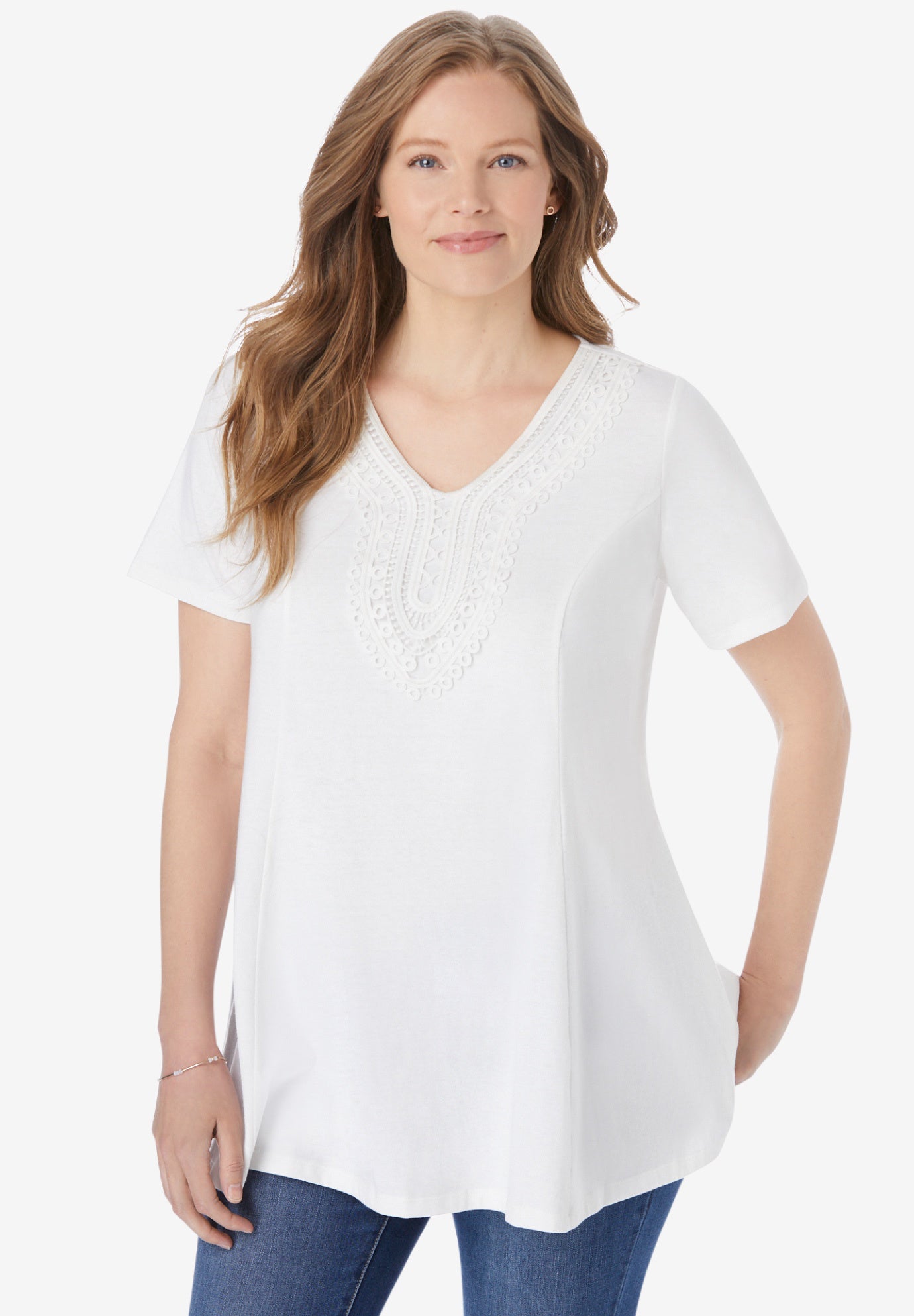 Rounded V-Neck Crochet Tunic image number 0