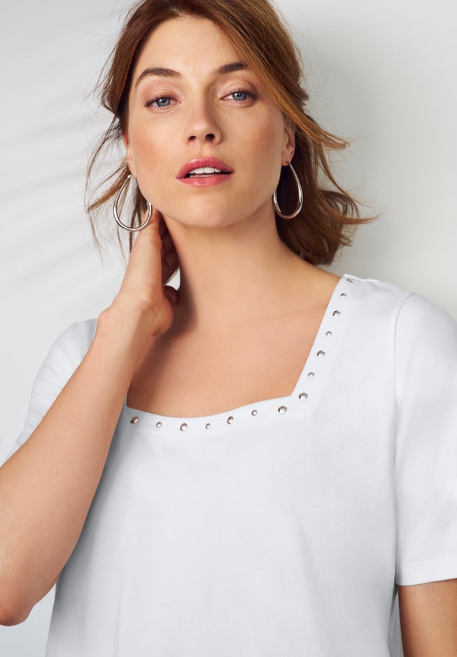 Stretch Cotton Studded Square Neck Tunic image number 1