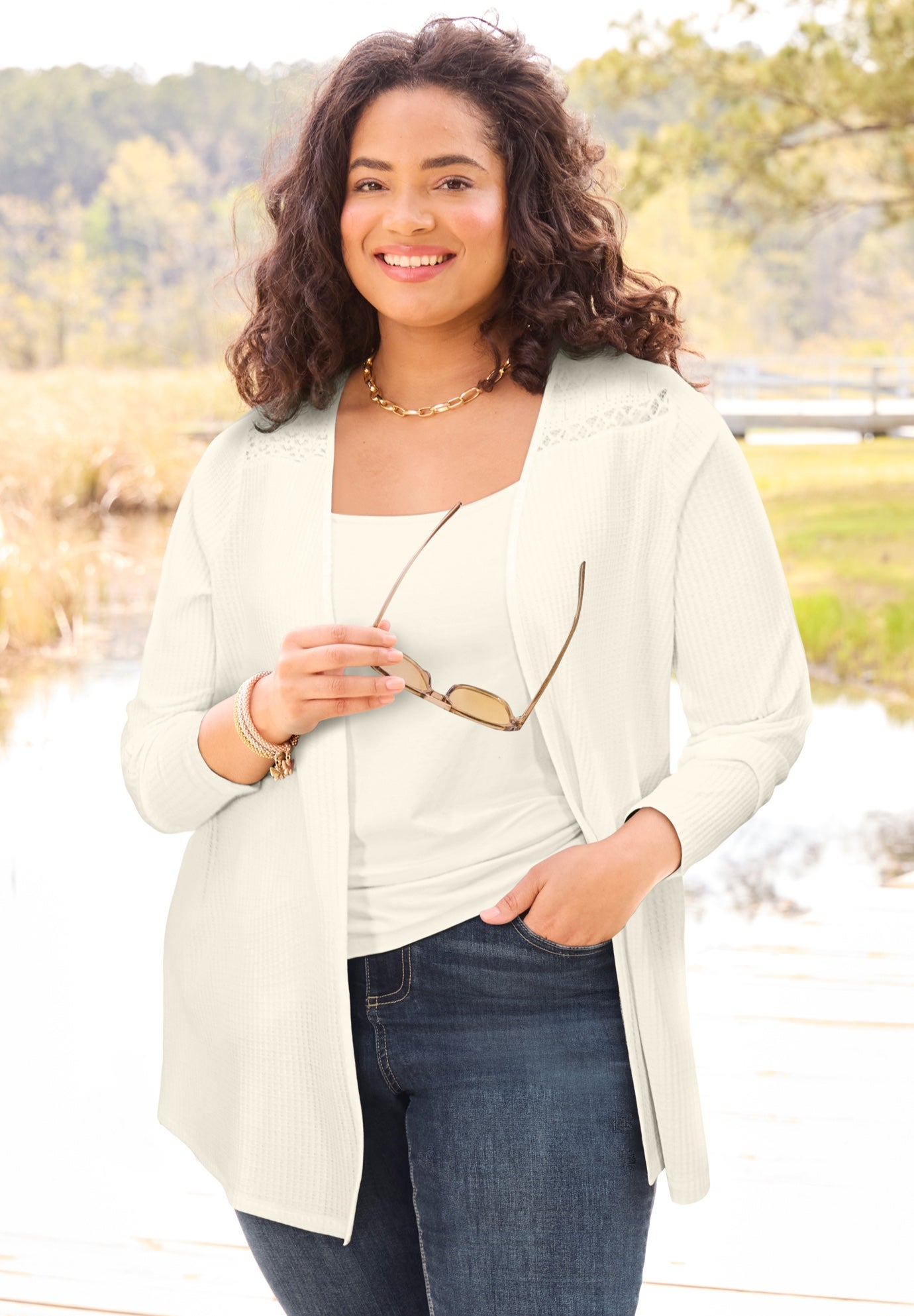 Waffle Knit Lace Back Cardigan image number 0