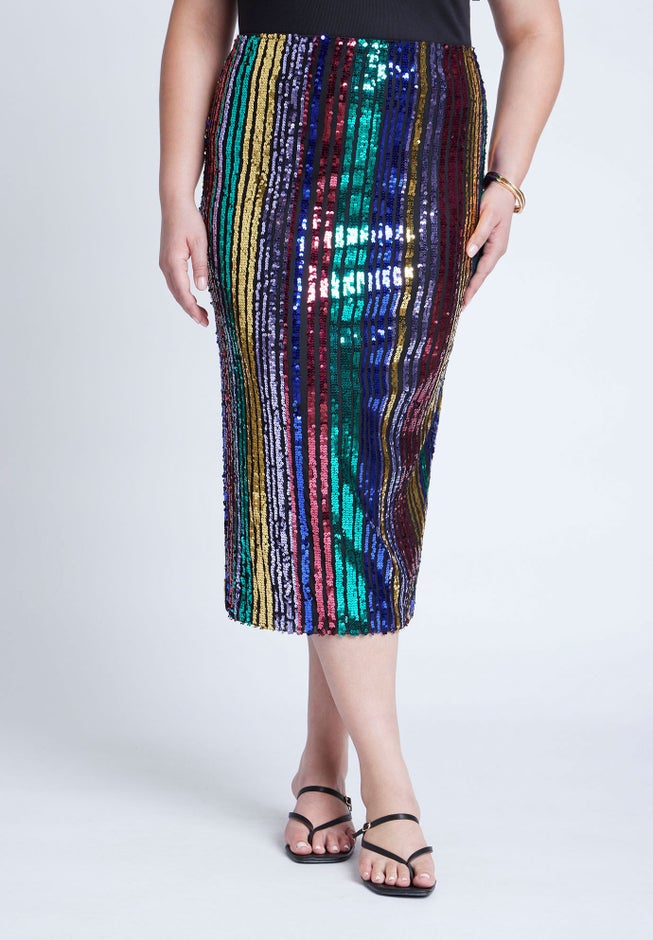 Rainbow Striped Sequin Midi Skirt image number 1