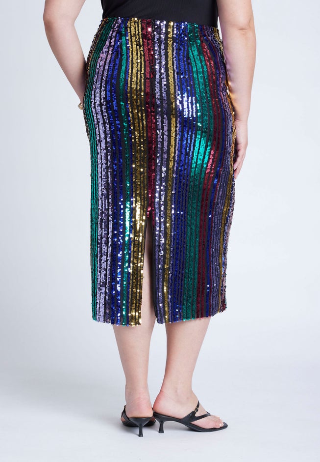 Rainbow Striped Sequin Midi Skirt image number 2