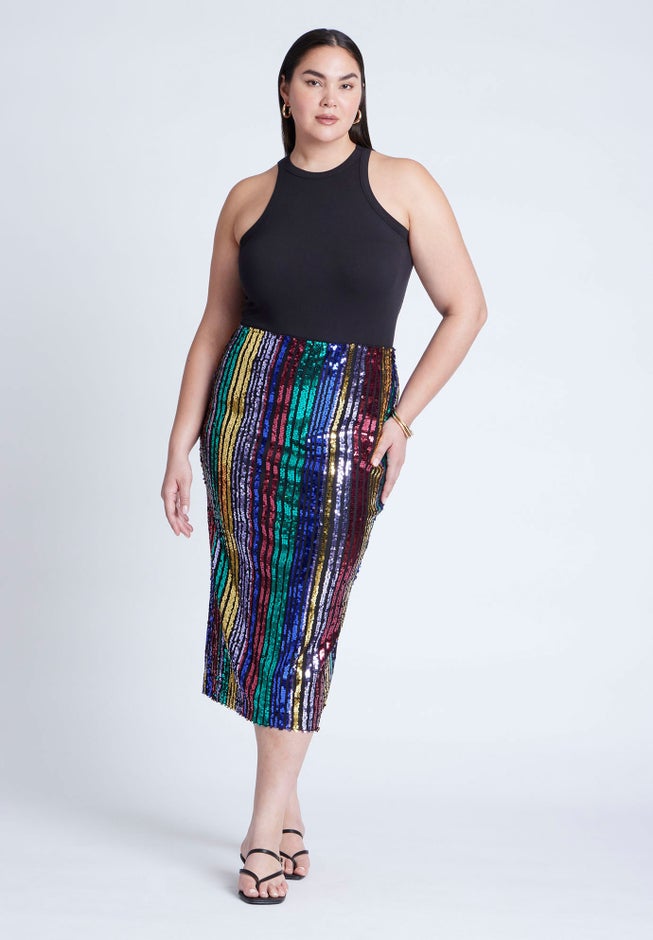 Rainbow Striped Sequin Midi Skirt image number 0