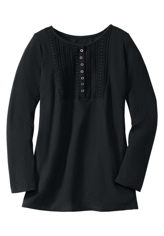 Waffle Thermal Lace Bib Henley Tee image number 1