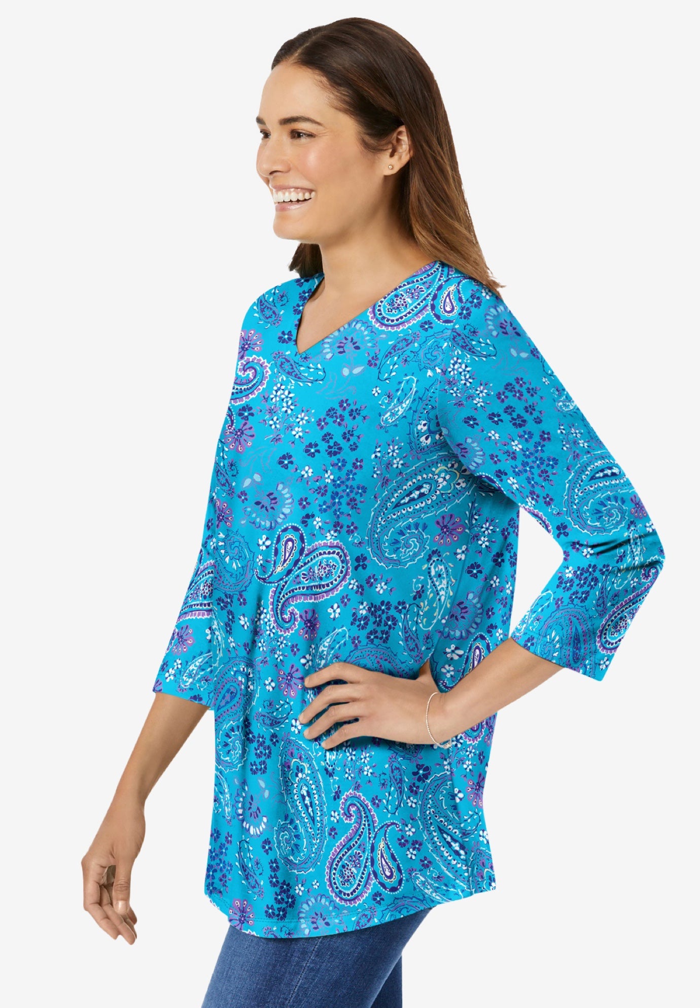 Perfect Printed Three-Quarter Sleeve V-Neck Tee image number 2