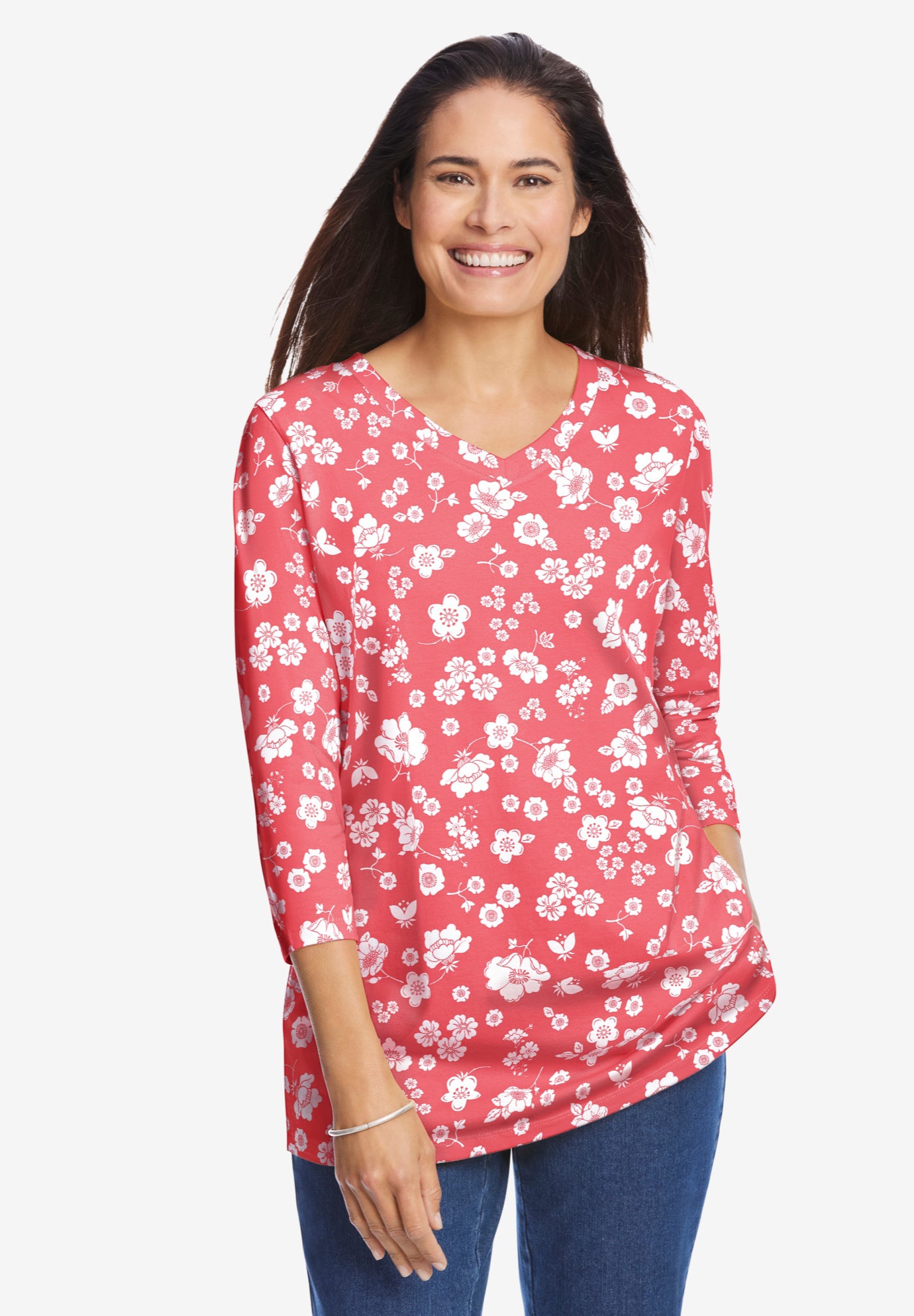 Perfect Printed Three-Quarter Sleeve V-Neck Tee image number 0