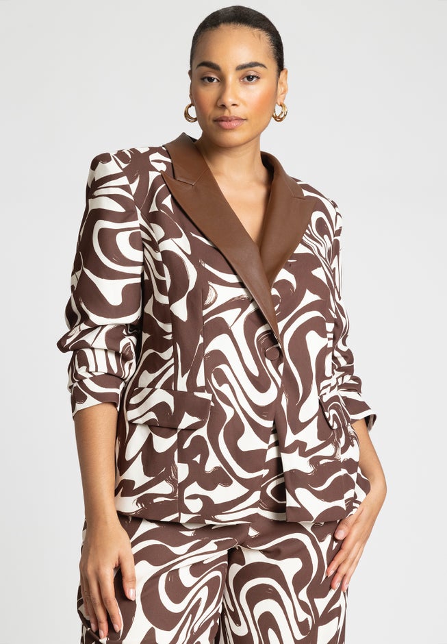 Printed Blazer With Faux Leather Collar image number null