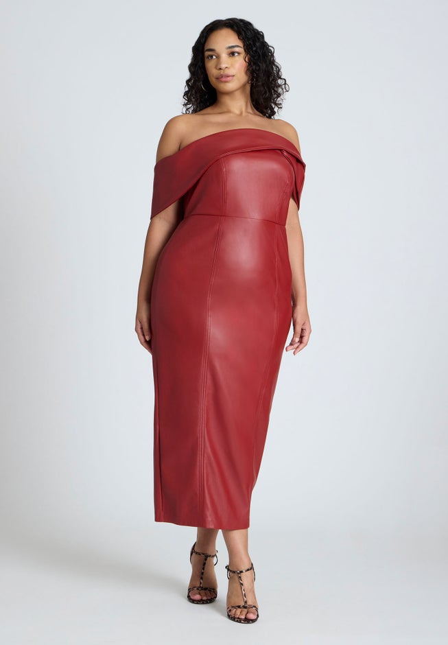 Fold Over Faux Leather Midi Dress image number null