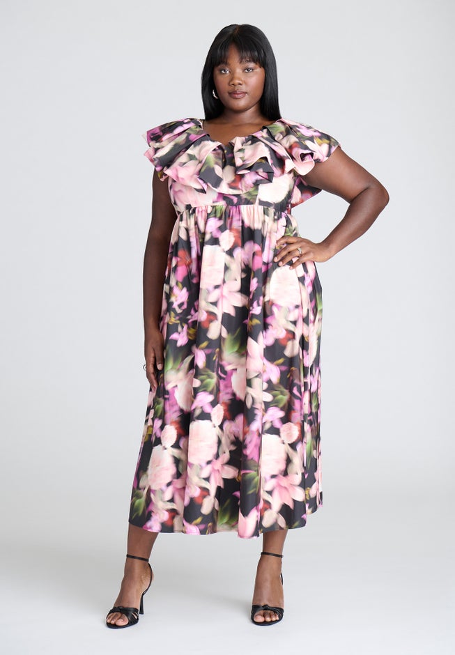 Ruffle Neckline Floral Dress image number null