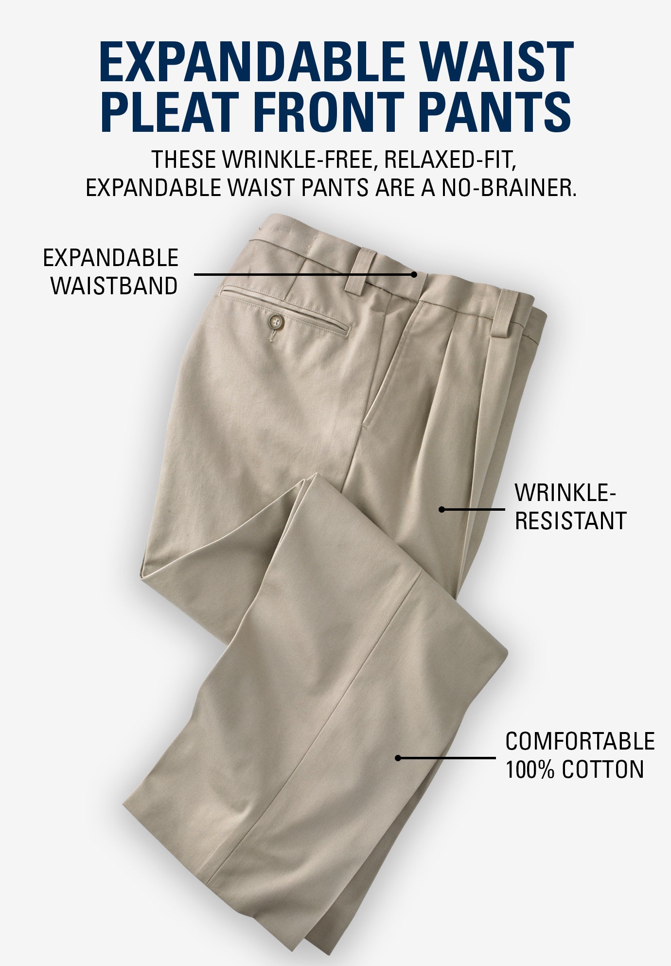 Relaxed Fit Wrinkle-Free Expandable Waist Pleated Pants image number 3