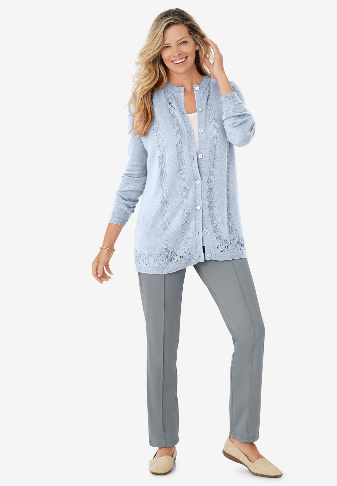 Long-Sleeve Pointelle Cardigan image number 1