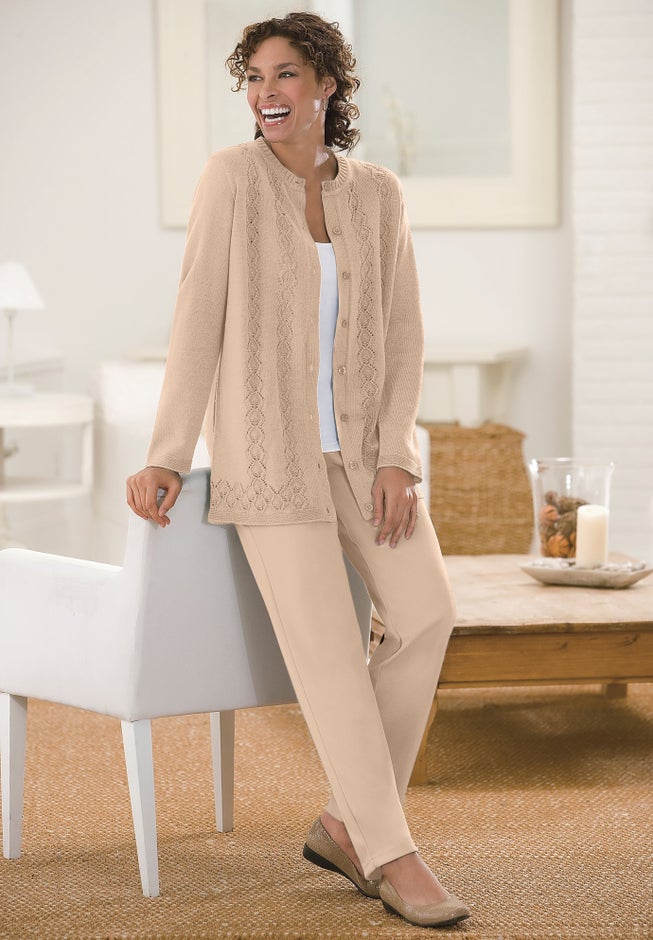 Long-Sleeve Pointelle Cardigan image number 2