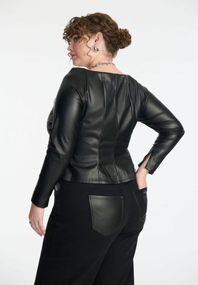 Faux Leather Zipper Peplum Top image number null