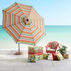 Outdoor seating area with patterned cushions