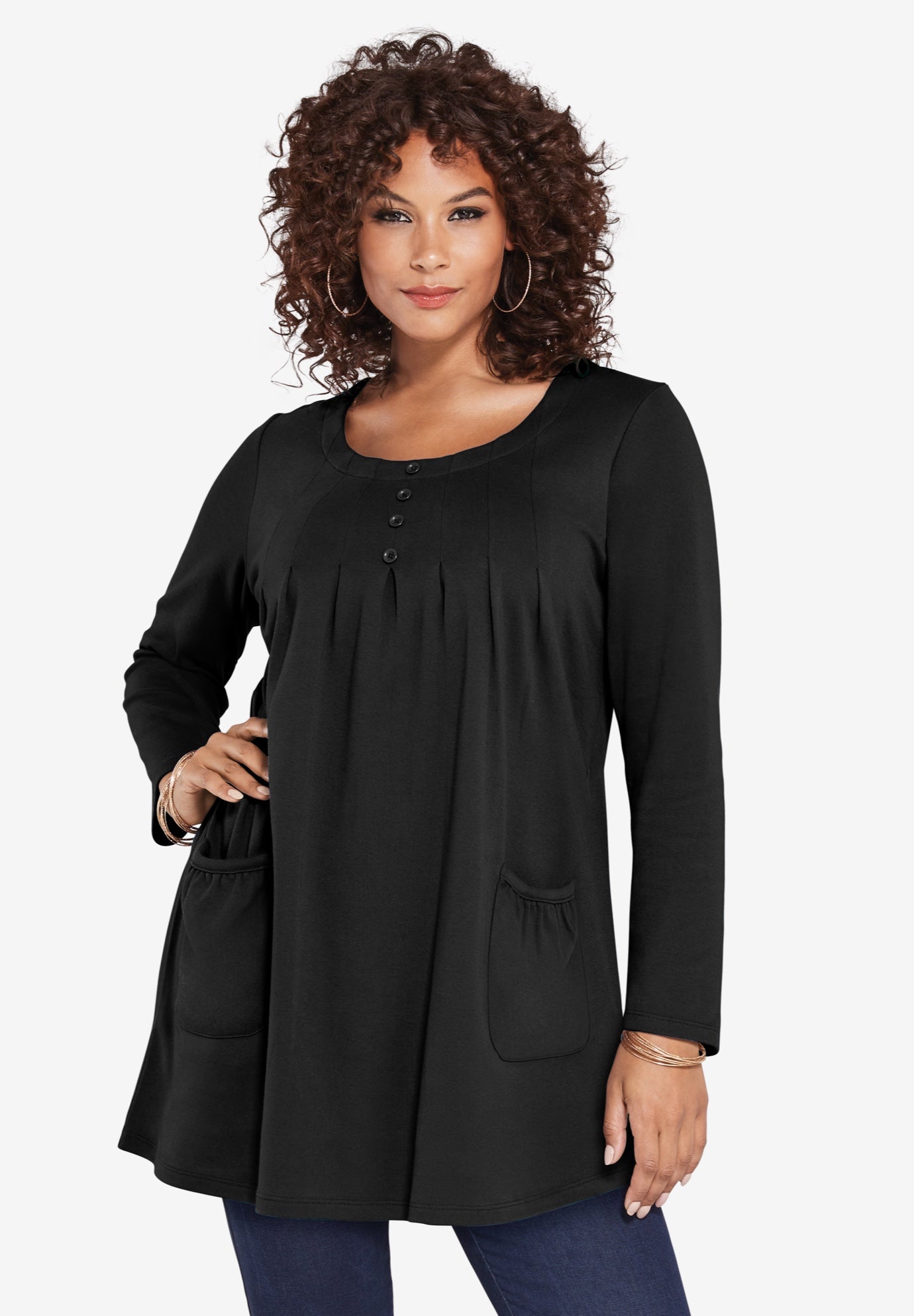 Plus Size Two Pocket Long Sleeve Soft Knit Swing Tunic image number 1