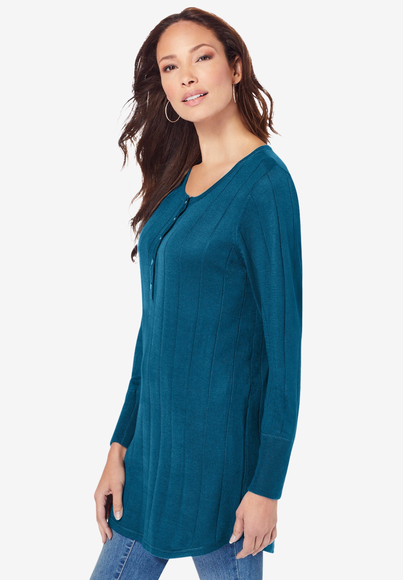 Plus Size Drop Needle Henley Lightweight Sweater Knit image number 1