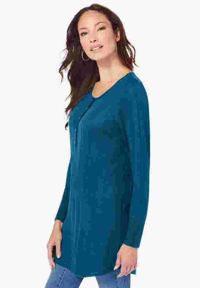 Plus Size Drop Needle Henley Lightweight Sweater Knit image number 1