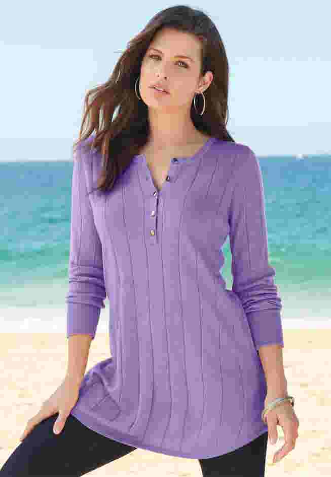 Plus Size Drop Needle Henley Lightweight Sweater Knit image number 3