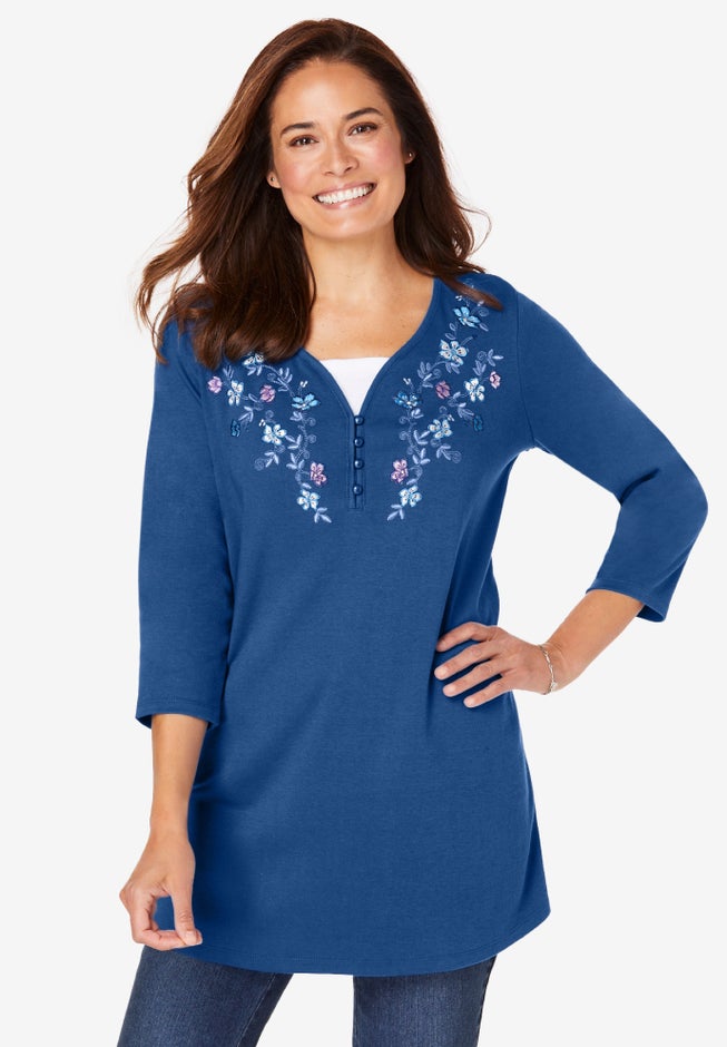 7-Day Layered-Look Embroidered Henley Tunic image number 4
