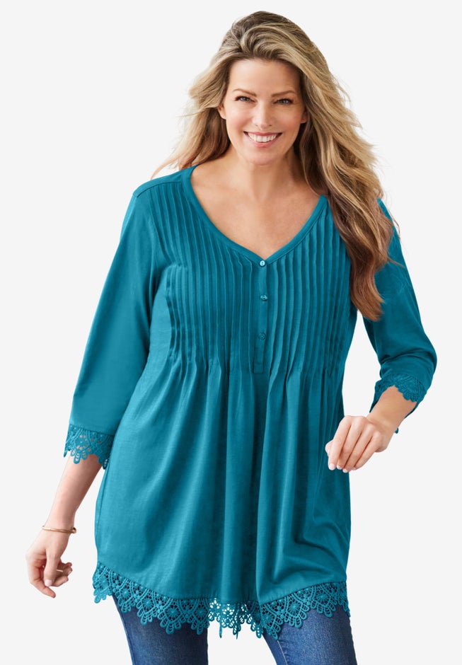 Pintuck Henley Crochet Trim Tunic image number null