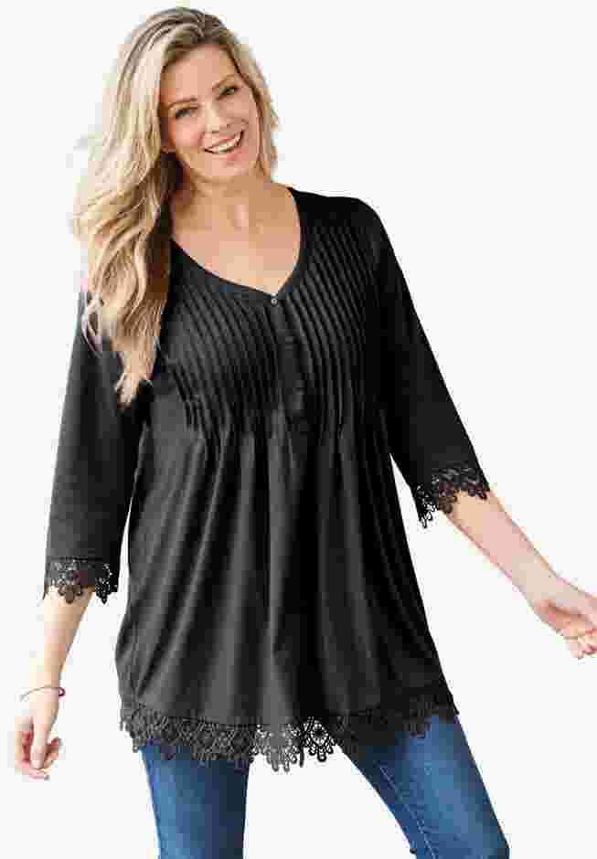 Pintuck Henley Crochet Trim Tunic image number 0