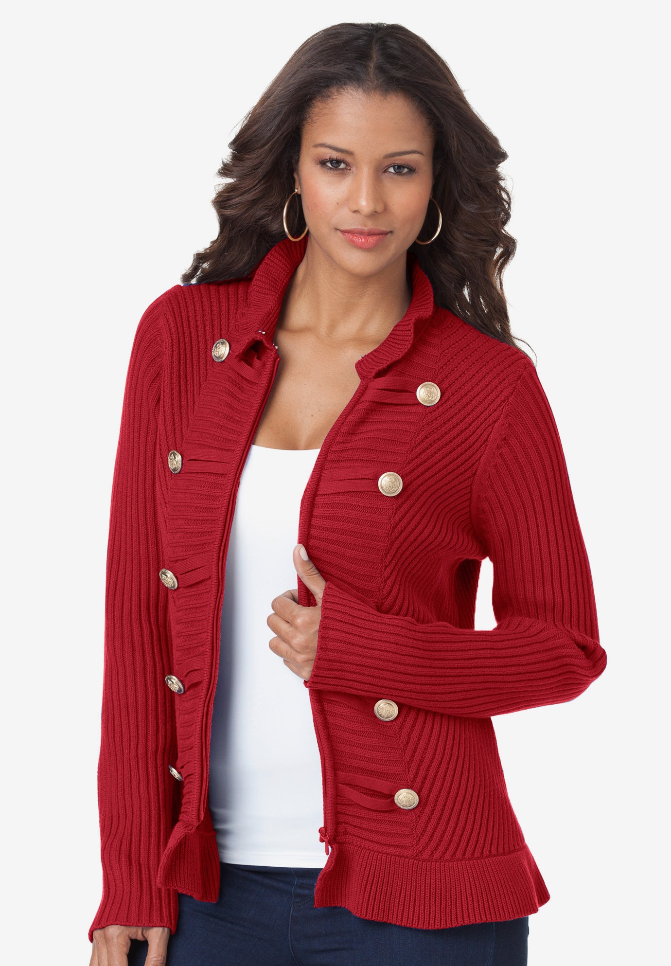 Plus Size Military-Inspired Ribbed Cardigan Sweater image number 0