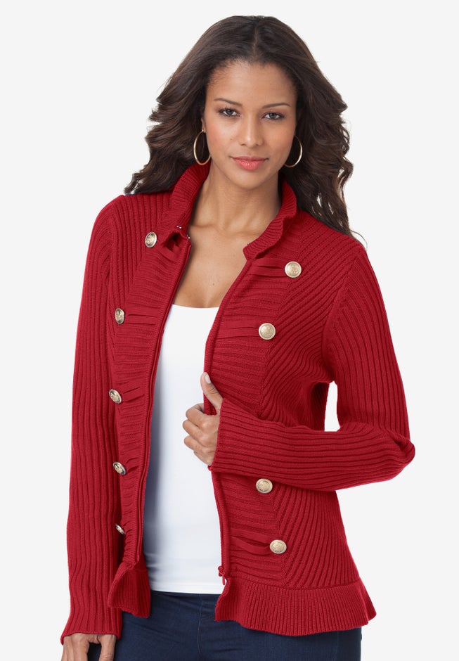 Plus Size Military-Inspired Ribbed Cardigan Sweater image number 0