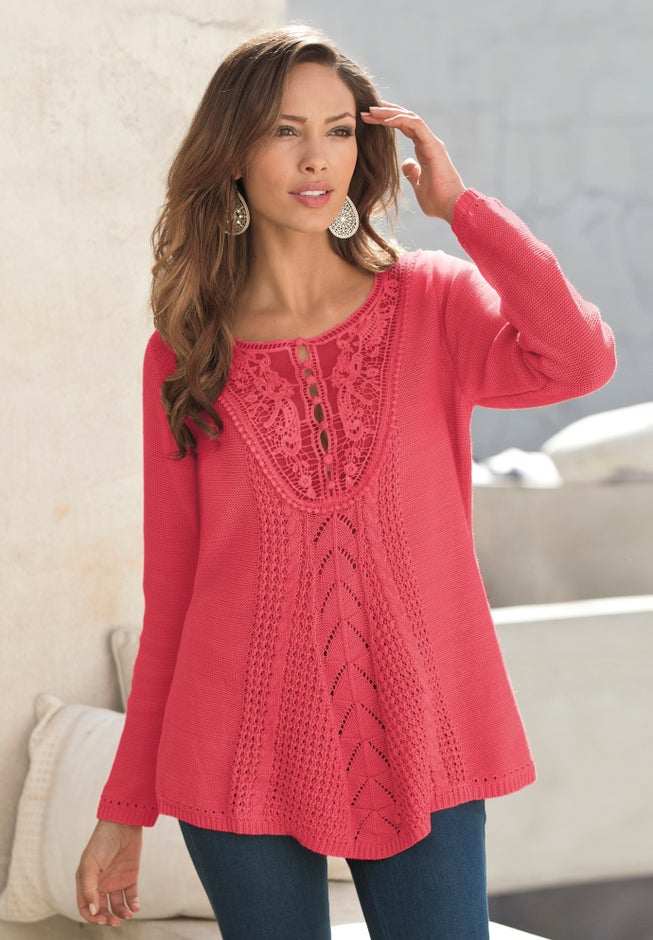 Plus Size Lace Yoke Pullover Sweater image number 0