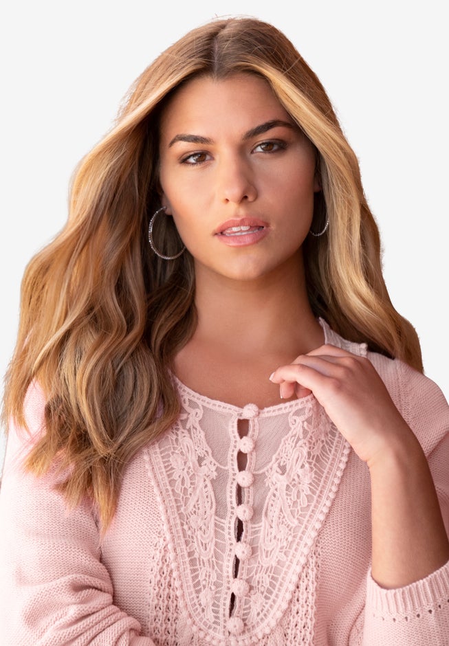 Plus Size Lace Yoke Pullover Sweater image number 4