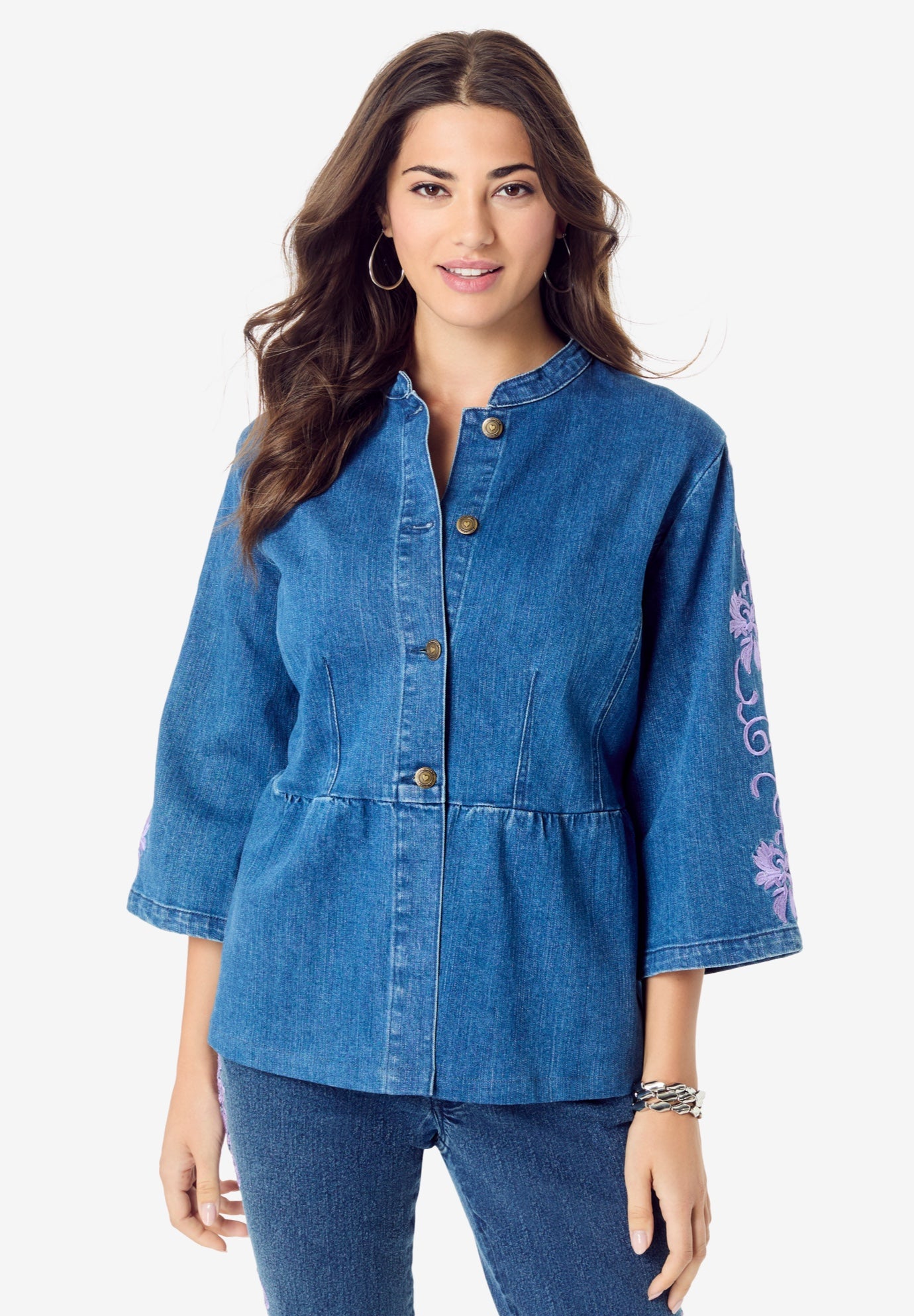 Embroidered Button Front Peplum Denim Jacket image number 0