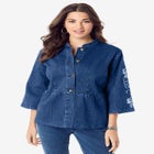 Embroidered Button Front Peplum Denim Jacket image number null