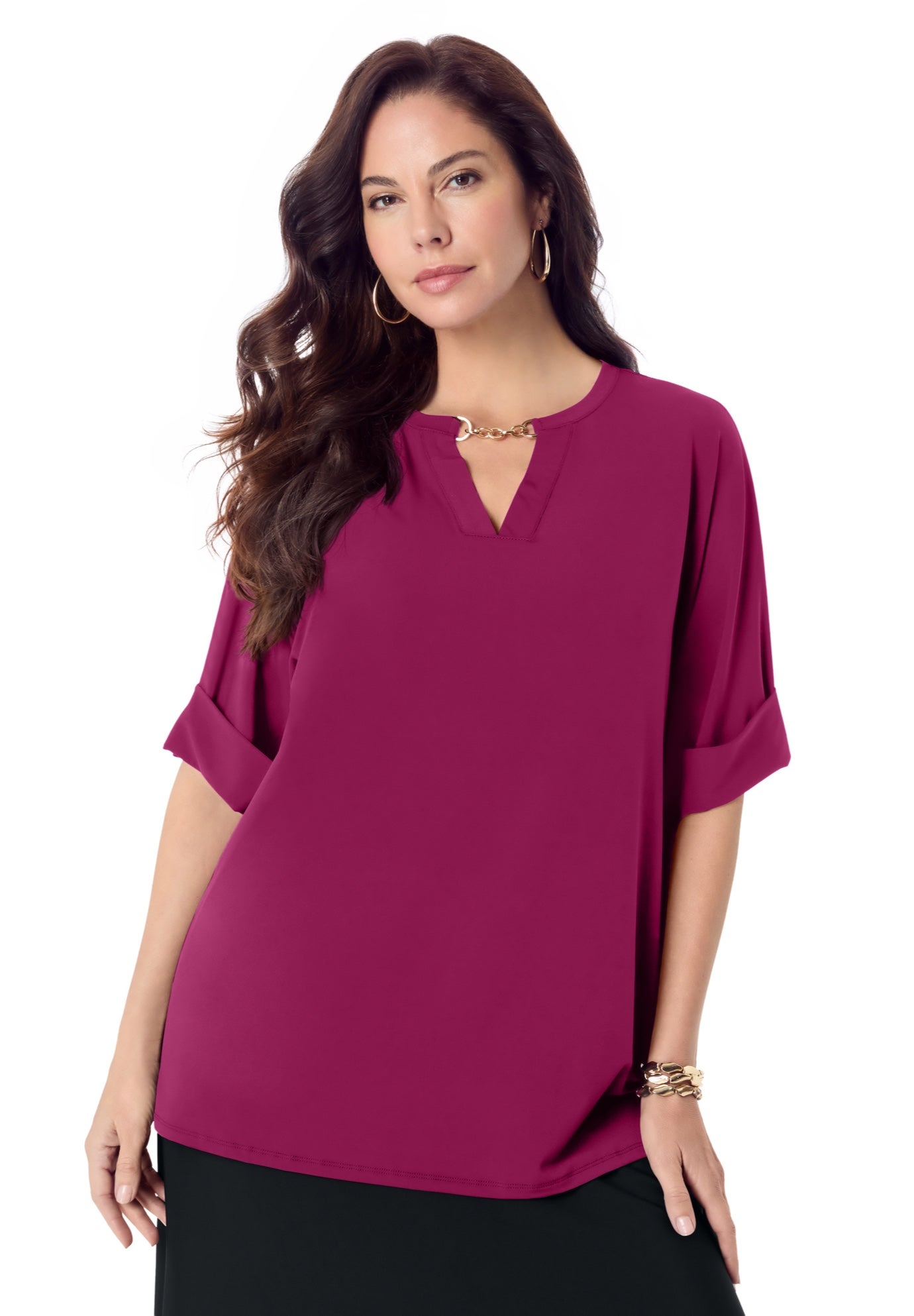 Ultrasmooth&reg; Fabric V Neck Tee with Chain Detail image number 0