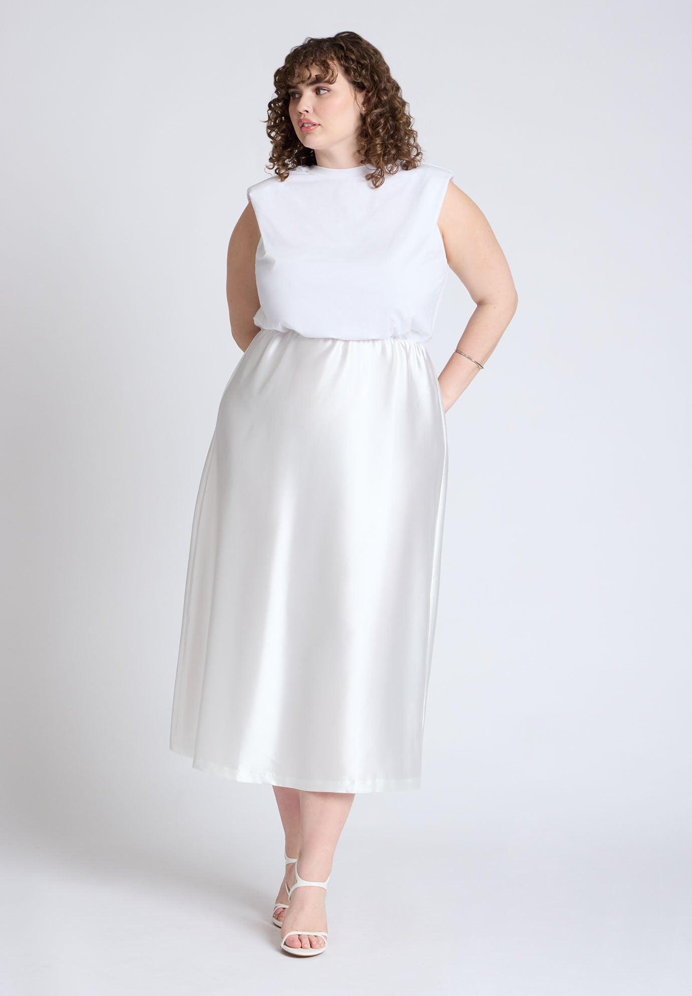 Strong Shoulder Satin Skirt Dress image number 0