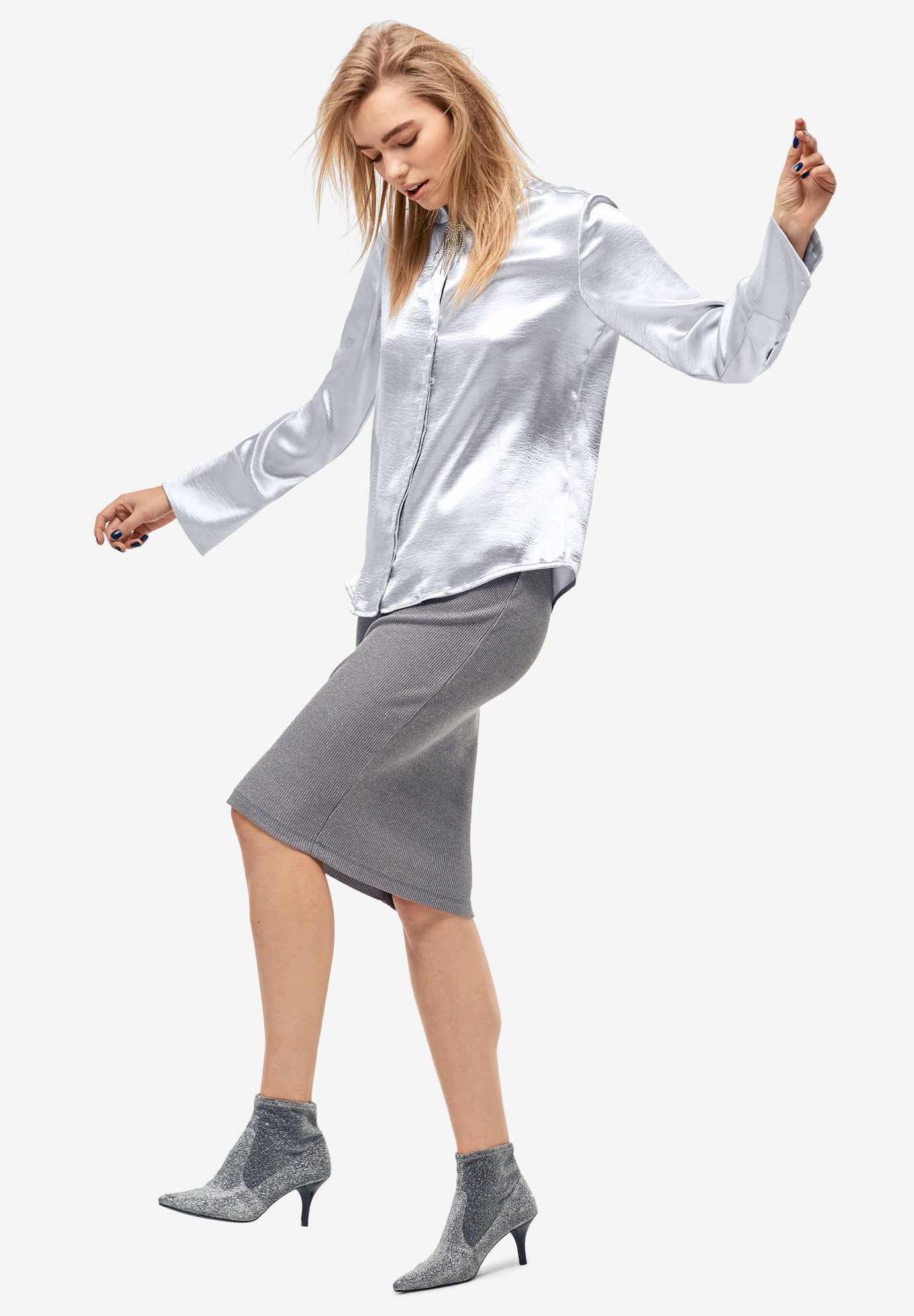 Metallic Satin Button-Down Blouse image number 2