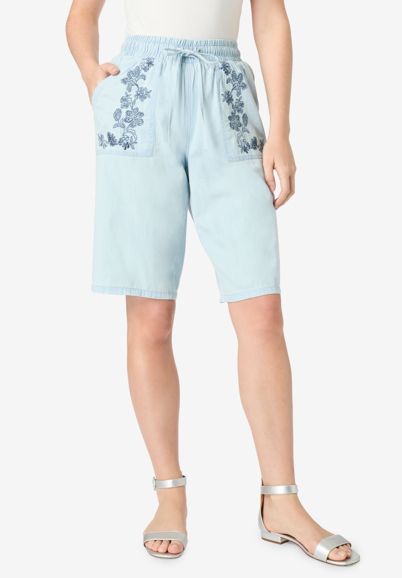 Embroidered Chambray Bermuda Shorts image number 0