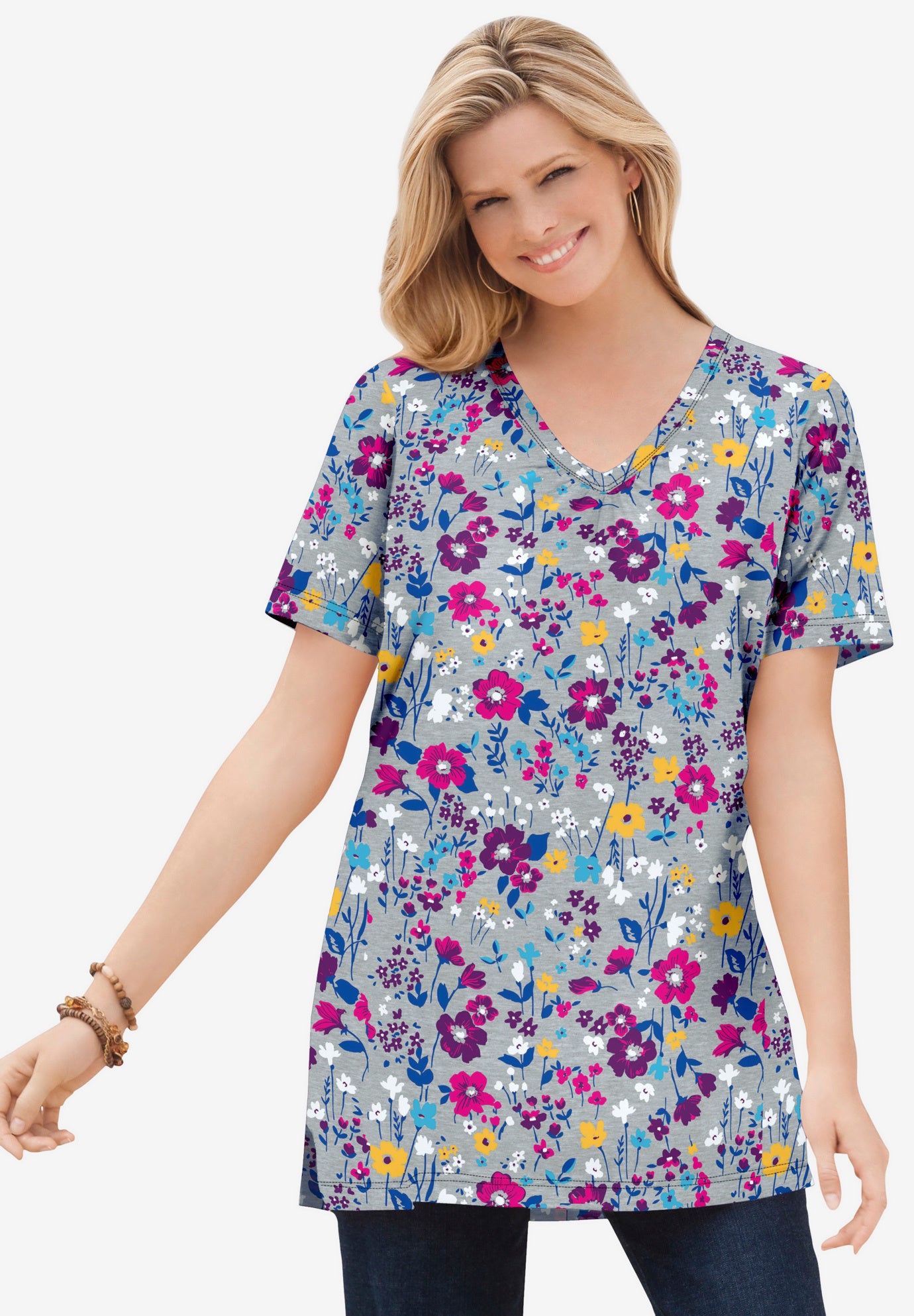 Perfect Printed Short-Sleeve Shirred V-Neck Tunic image number 6