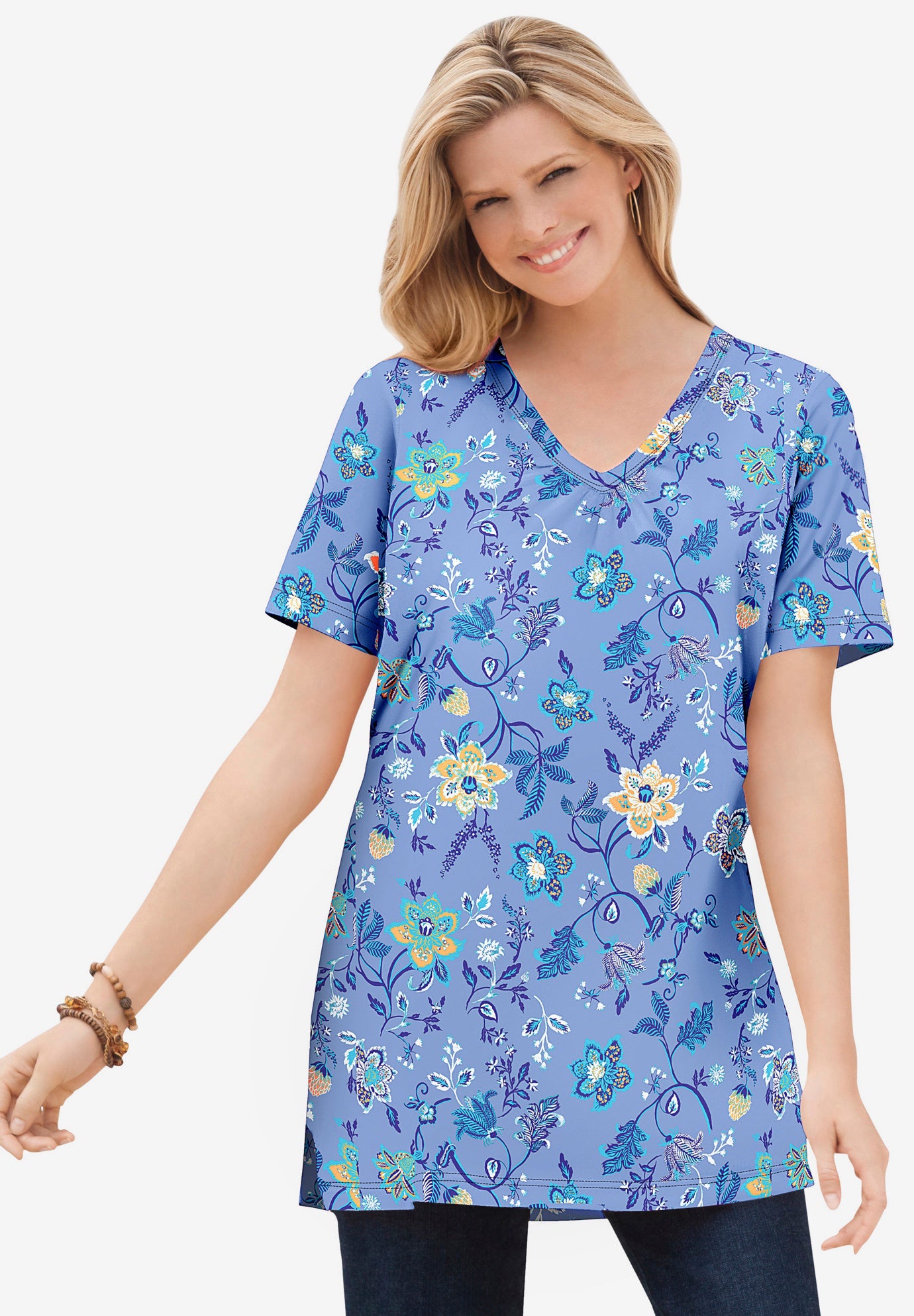 Perfect Printed Short-Sleeve Shirred V-Neck Tunic image number 0