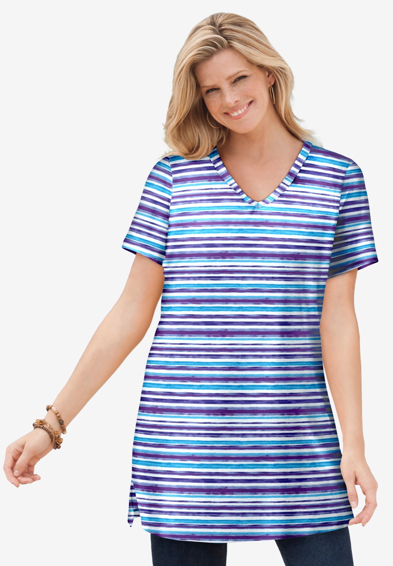 Perfect Printed Short-Sleeve Shirred V-Neck Tunic image number 0