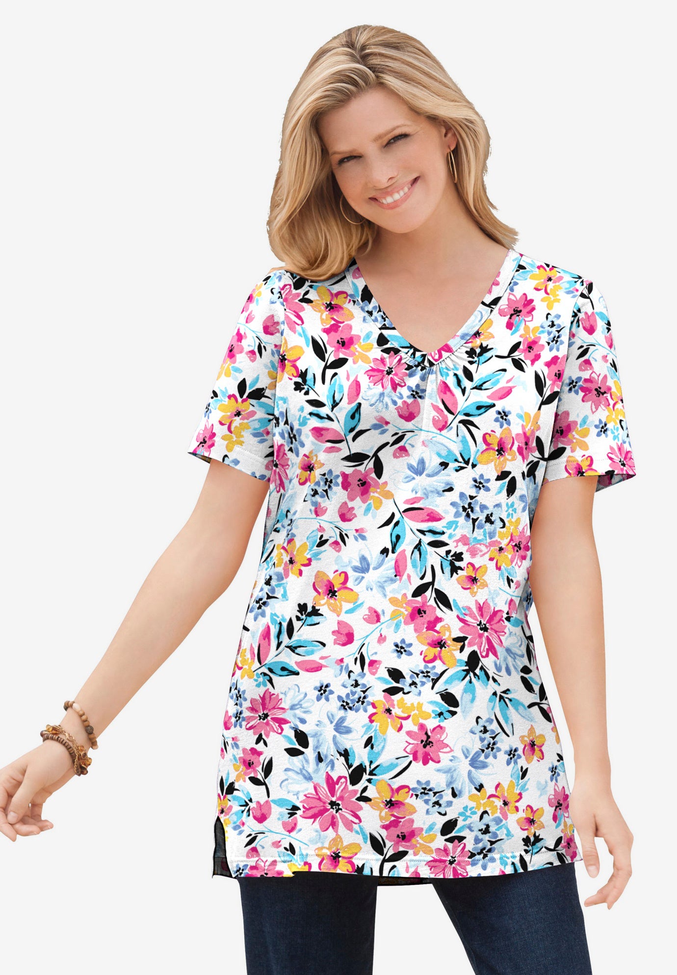 Perfect Printed Short-Sleeve Shirred V-Neck Tunic image number 0