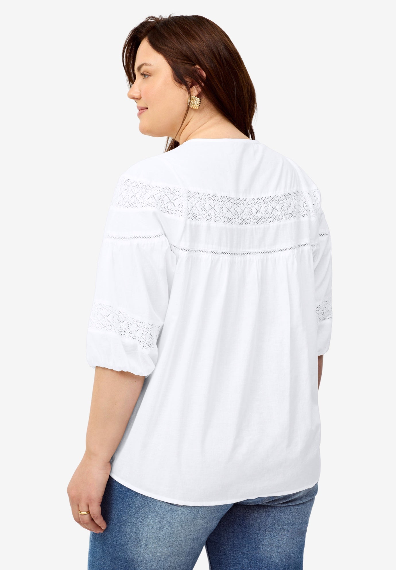 100% Cotton A-Line Three-Quarter Sleeve Keyhole Neck Blouse With Crochet Trim image number 1