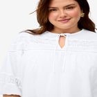 100% Cotton A-Line Three-Quarter Sleeve Keyhole Neck Blouse With Crochet Trim image number 2
