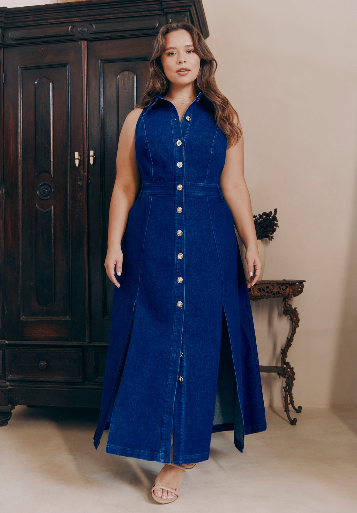 Sleeveless Denim Midi Dress  image number 0