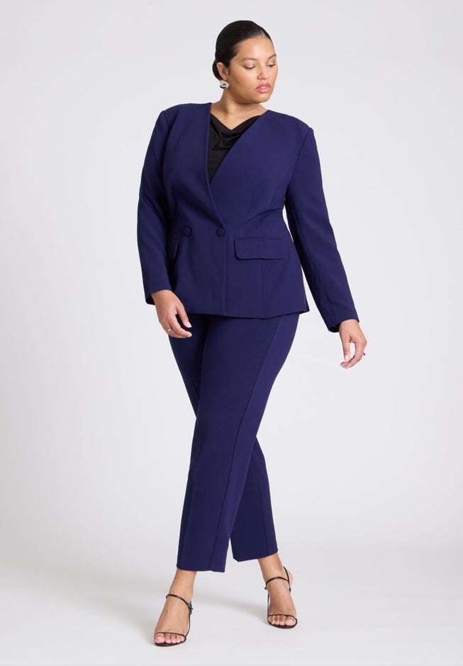 The 365 Semi Stretch Double Breast Collarless Blazer image number 2