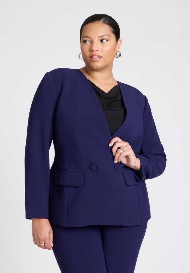 The 365 Semi Stretch Double Breast Collarless Blazer image number 0