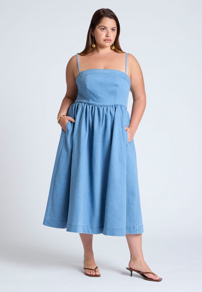 Denim Corset Bodice Midi Dress image number 0